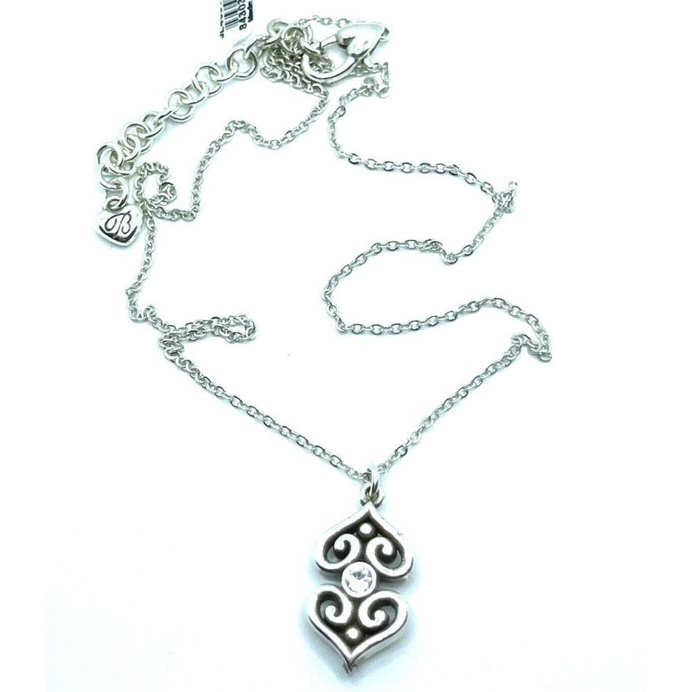 Brighton Alcazar Double Heart Pendant Crystals Toledo Silver Necklace 18" - Picture 3 of 7